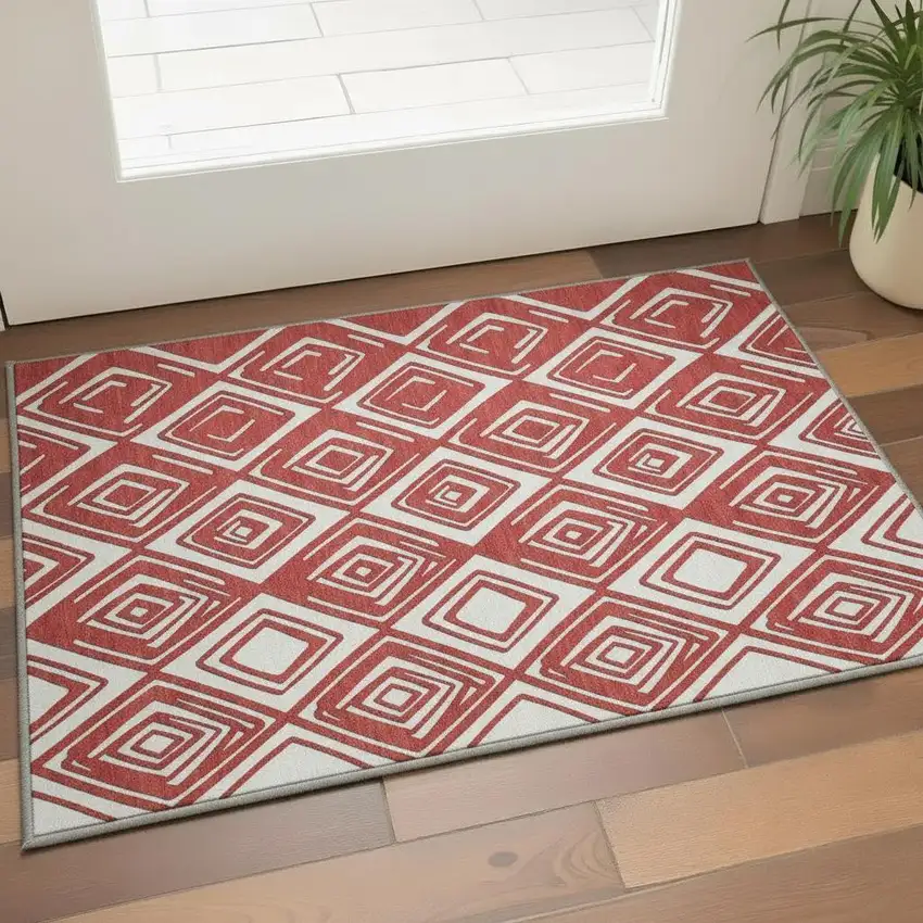 Red And Ivory Geometric Washable Area Rug With UV Protection Photo 2