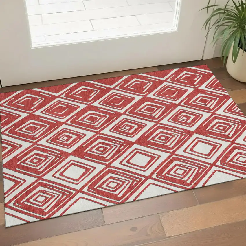 Red And Ivory Geometric Washable Area Rug With UV Protection Photo 1
