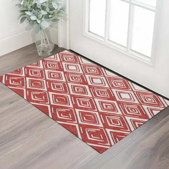 Red And Ivory Geometric Washable Area Rug With UV Protection Photo 7