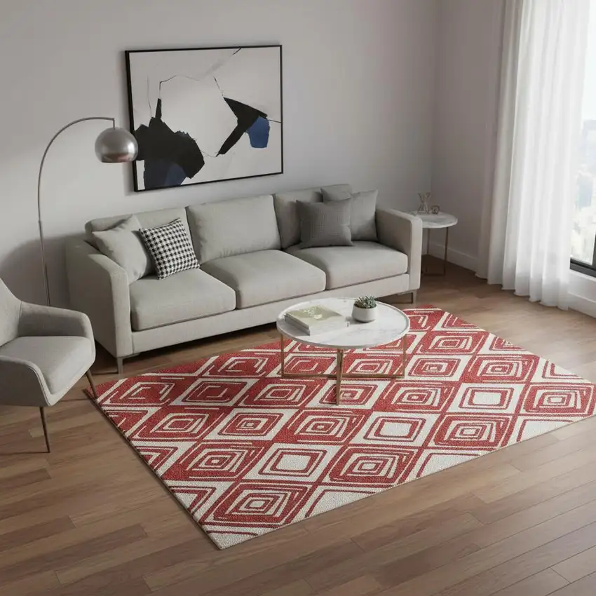 Red And Ivory Geometric Washable Area Rug With UV Protection Photo 1