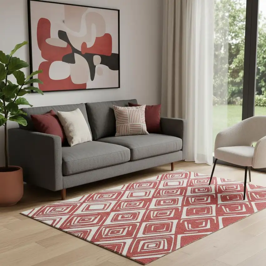 Red And Ivory Geometric Washable Area Rug With UV Protection Photo 1