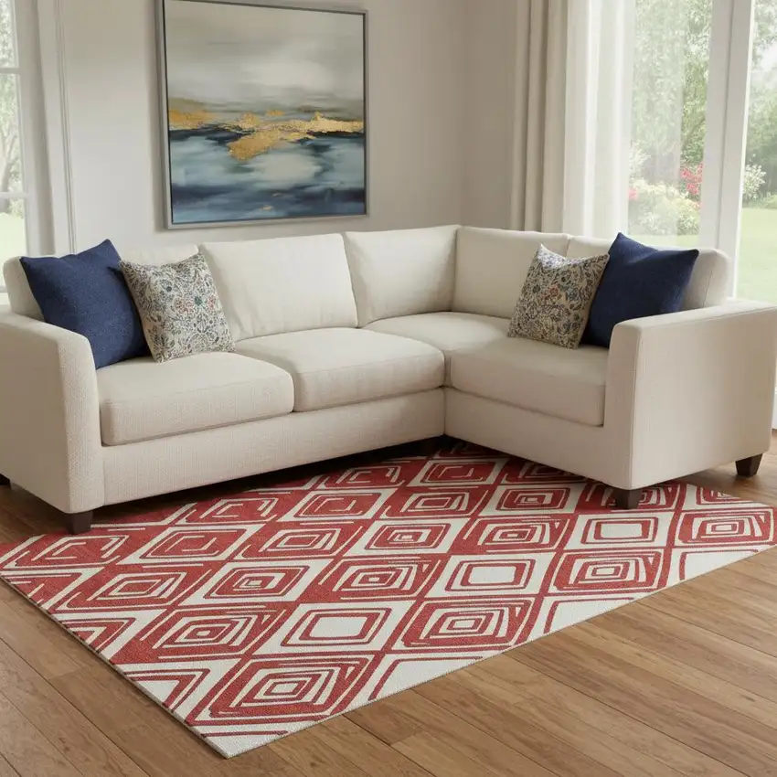 Red And Ivory Geometric Washable Area Rug With UV Protection Photo 1