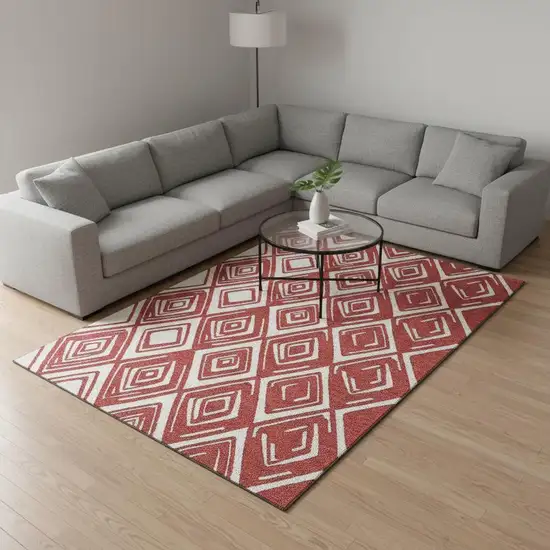 Red And Ivory Geometric Washable Area Rug With UV Protection Photo 7