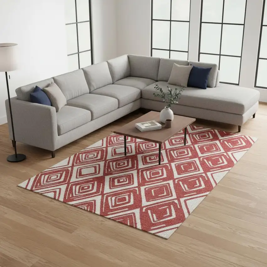 Red And Ivory Geometric Washable Area Rug With UV Protection Photo 2