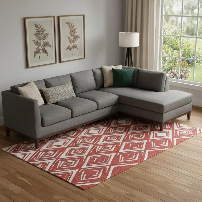 Red And Ivory Geometric Washable Area Rug With UV Protection Photo 1