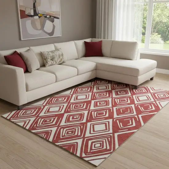 Red And Ivory Geometric Washable Area Rug With UV Protection Photo 1