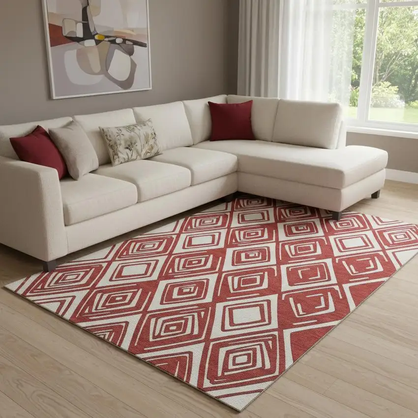 Red And Ivory Geometric Washable Area Rug With UV Protection Photo 1