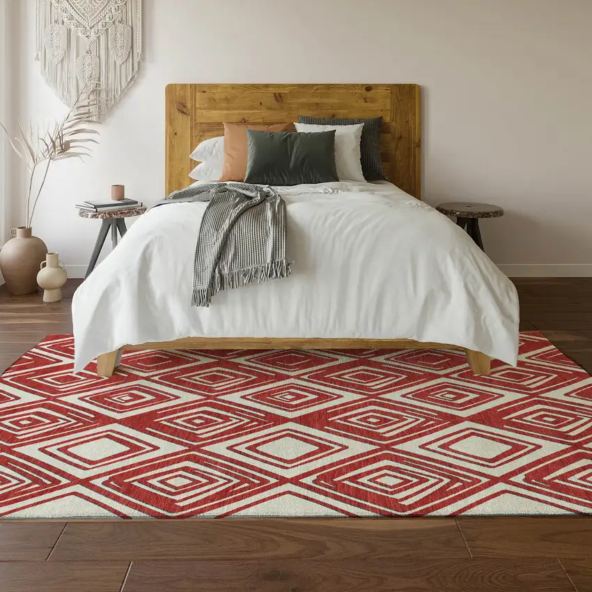 Red And Ivory Geometric Washable Area Rug With UV Protection Photo 6