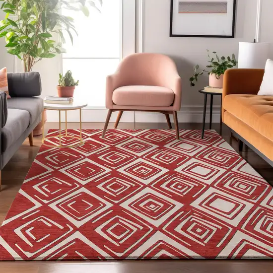 Red And Ivory Geometric Washable Area Rug With UV Protection Photo 5