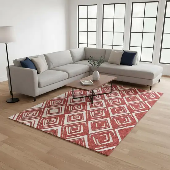 Red And Ivory Geometric Washable Area Rug With UV Protection Photo 1