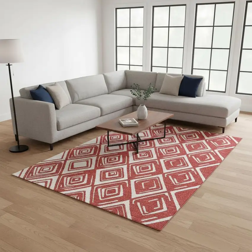 Red And Ivory Geometric Washable Area Rug With UV Protection Photo 1