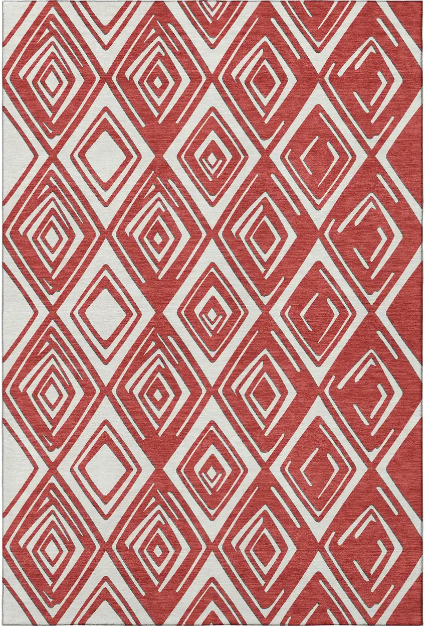 Red And Ivory Geometric Washable Area Rug With UV Protection Photo 4