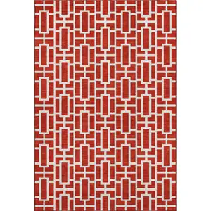 Photo of Red And Ivory Geometric Washable Area Rug With UV Protection