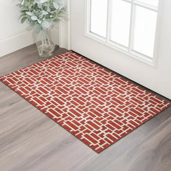 Red And Ivory Geometric Washable Area Rug With UV Protection Photo 2