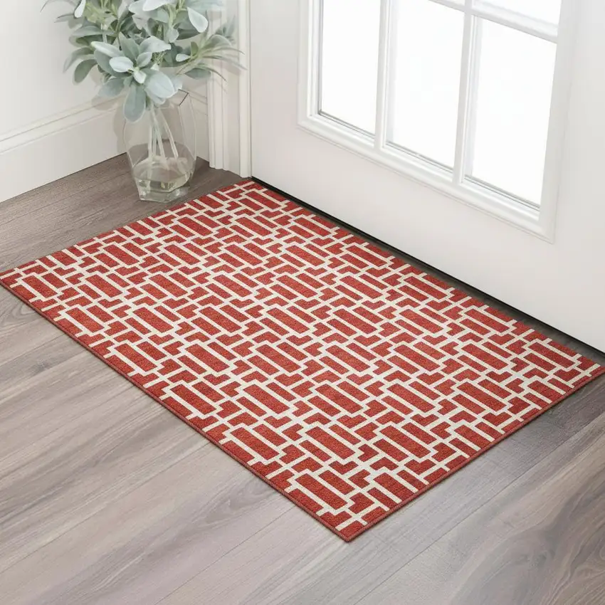 Red And Ivory Geometric Washable Area Rug With UV Protection Photo 2
