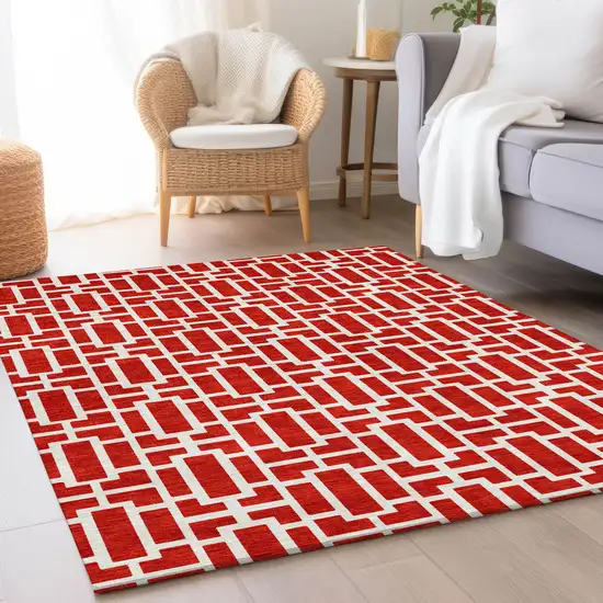 Red And Ivory Geometric Washable Area Rug With UV Protection Photo 5