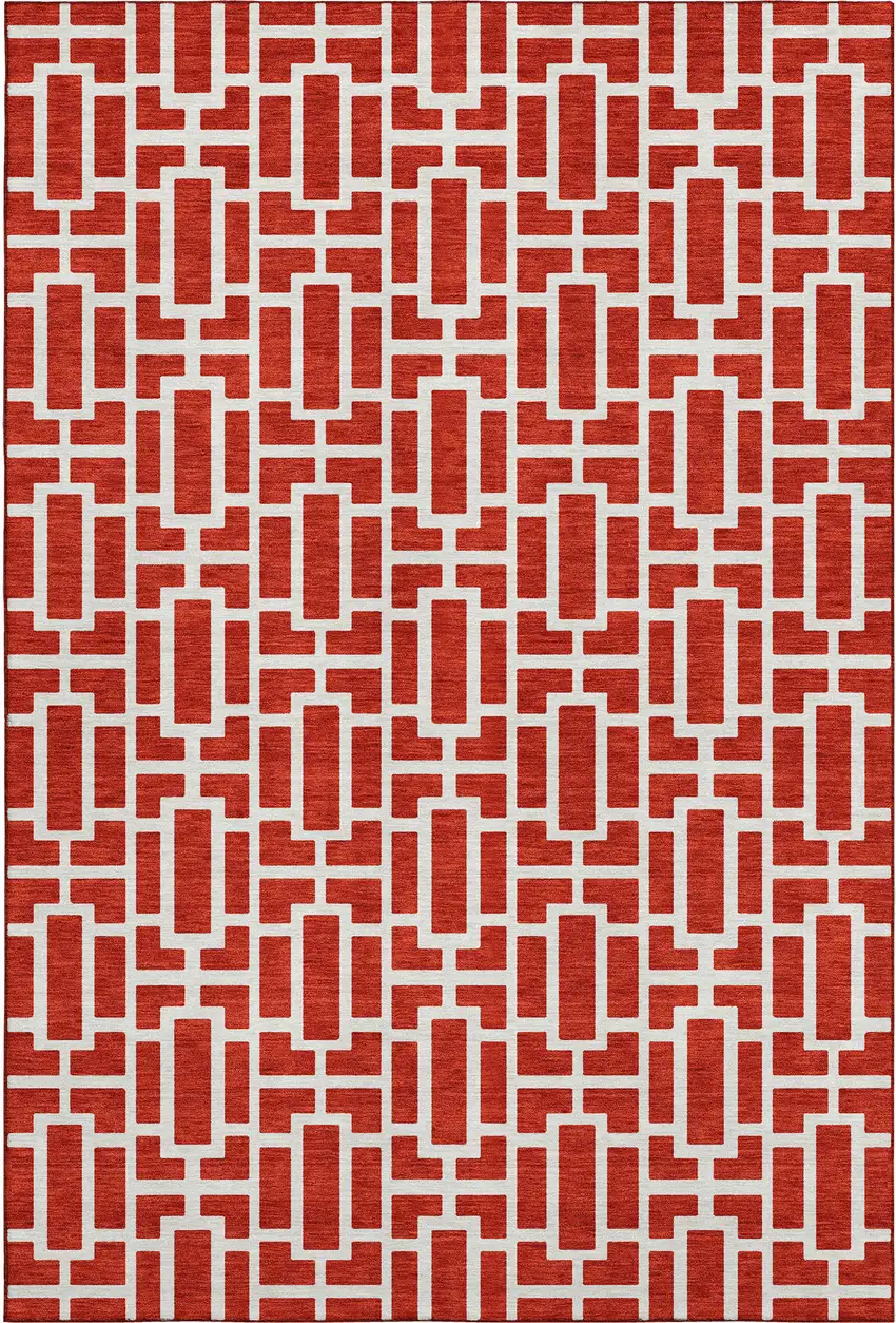 Red And Ivory Geometric Washable Area Rug With UV Protection Photo 1