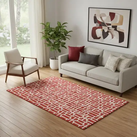 Red And Ivory Geometric Washable Area Rug With UV Protection Photo 1