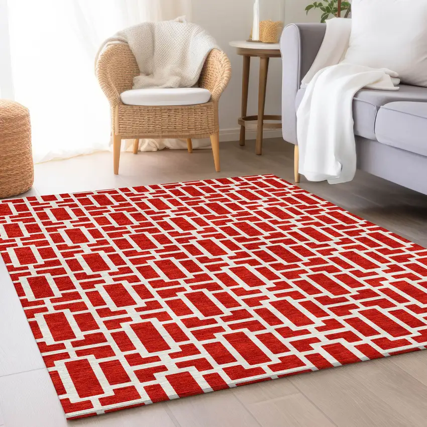 Red And Ivory Geometric Washable Area Rug With UV Protection Photo 5