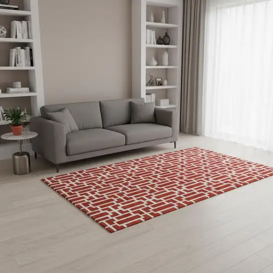 Red And Ivory Geometric Washable Area Rug With UV Protection Photo 2
