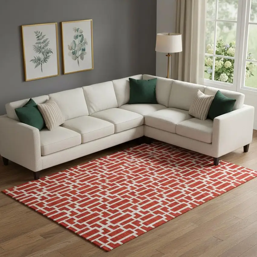 Red And Ivory Geometric Washable Area Rug With UV Protection Photo 1