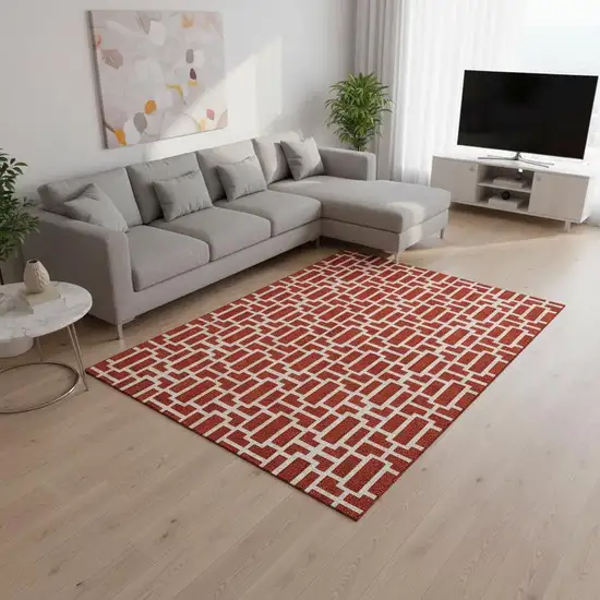 Red And Ivory Geometric Washable Area Rug With UV Protection Photo 2
