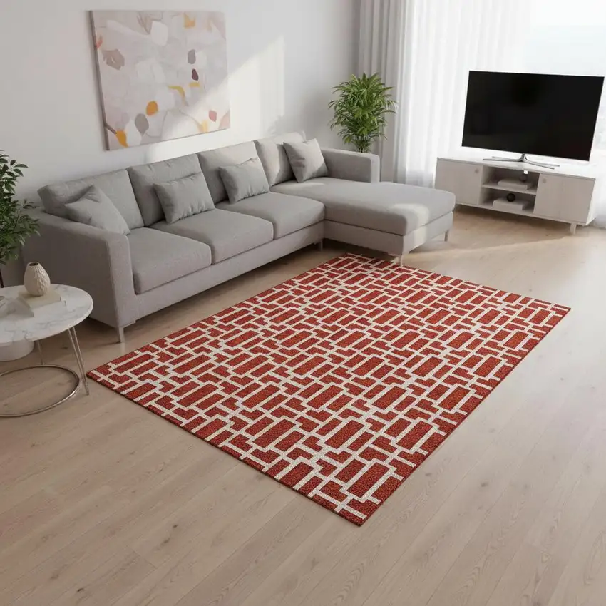 Red And Ivory Geometric Washable Area Rug With UV Protection Photo 2