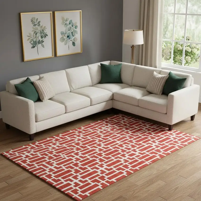 Red And Ivory Geometric Washable Area Rug With UV Protection Photo 1