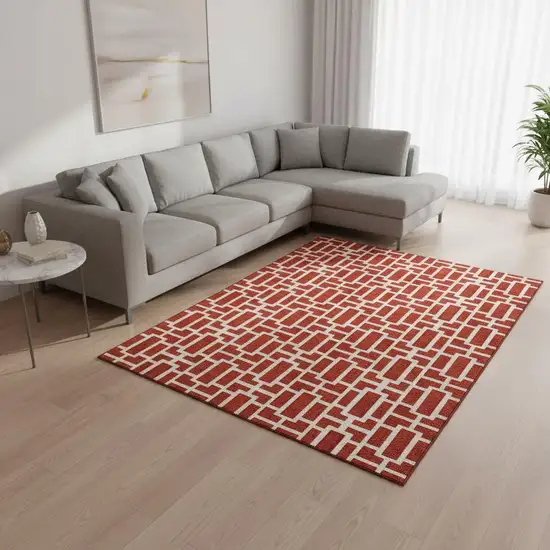 Red And Ivory Geometric Washable Area Rug With UV Protection Photo 2