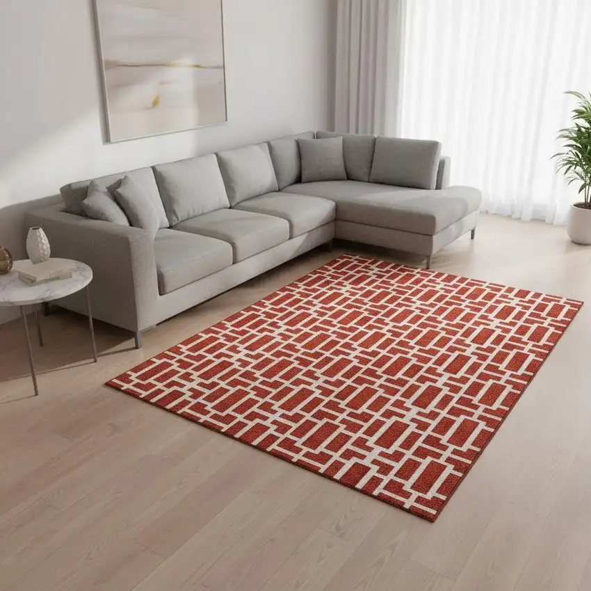 Red And Ivory Geometric Washable Area Rug With UV Protection Photo 2