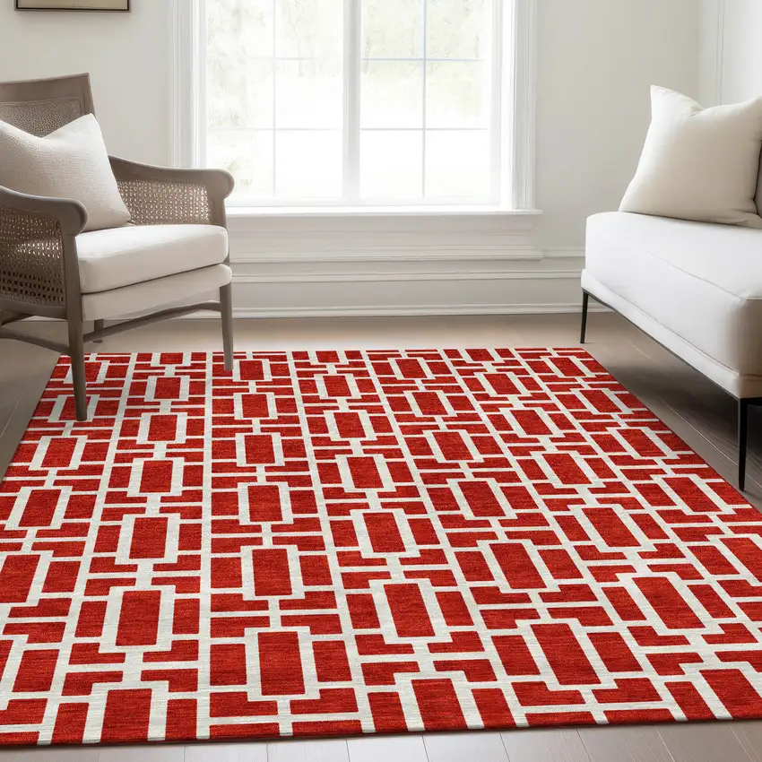Red And Ivory Geometric Washable Area Rug With UV Protection Photo 6