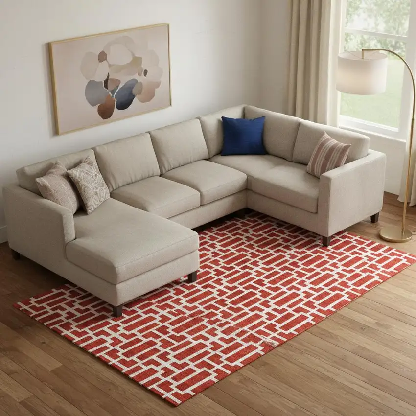 Red And Ivory Geometric Washable Area Rug With UV Protection Photo 1