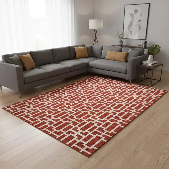 Red And Ivory Geometric Washable Area Rug With UV Protection Photo 2