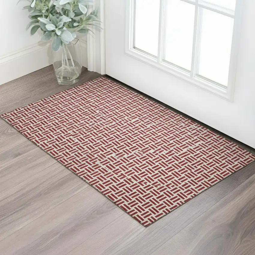 Red And Ivory Geometric Washable Area Rug With UV Protection Photo 2
