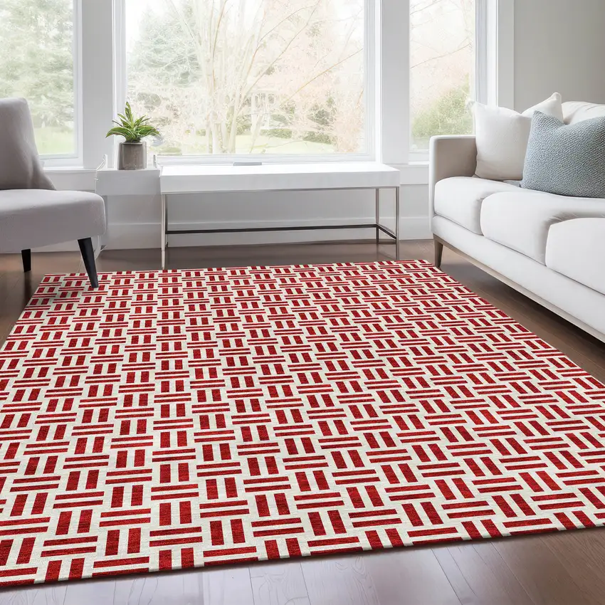 Red And Ivory Geometric Washable Area Rug With UV Protection Photo 5