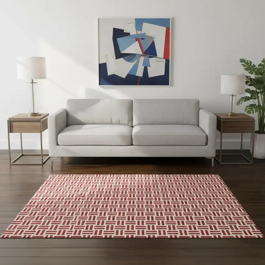 Red And Ivory Geometric Washable Area Rug With UV Protection Photo 2