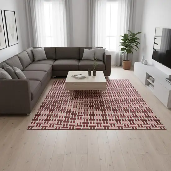 Red And Ivory Geometric Washable Area Rug With UV Protection Photo 2