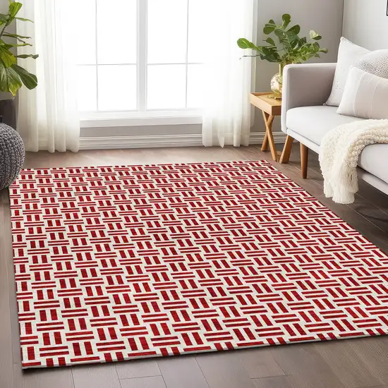 Red And Ivory Geometric Washable Area Rug With UV Protection Photo 4