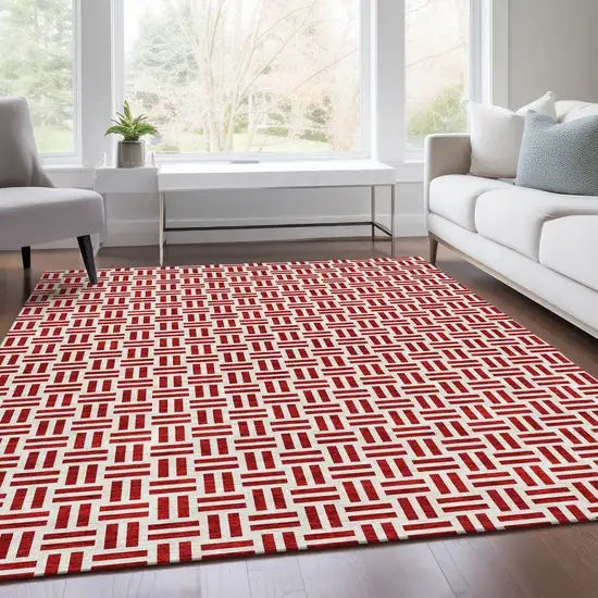 Red And Ivory Geometric Washable Area Rug With UV Protection Photo 5
