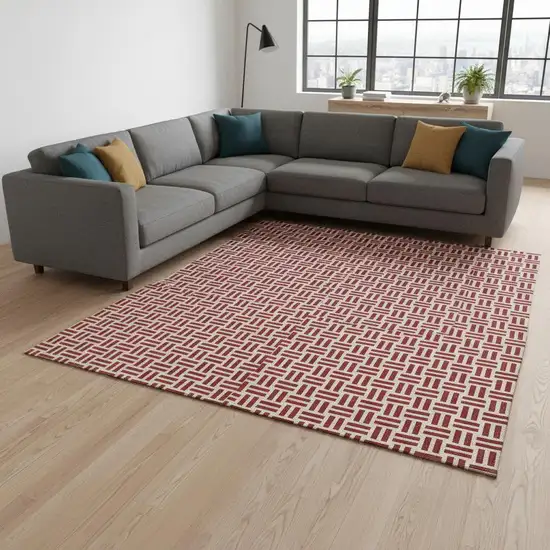 Red And Ivory Geometric Washable Area Rug With UV Protection Photo 2