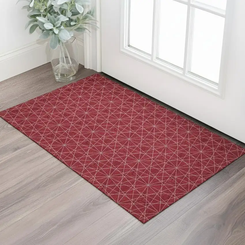 Red And Ivory Geometric Washable Area Rug With UV Protection Photo 2