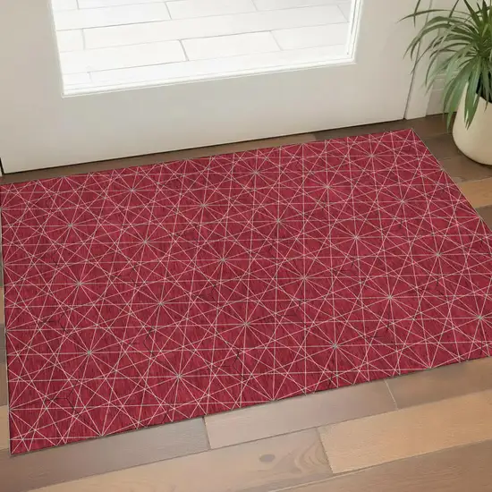 Red And Ivory Geometric Washable Area Rug With UV Protection Photo 1