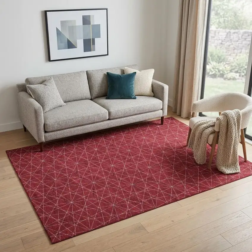 Red And Ivory Geometric Washable Area Rug With UV Protection Photo 1