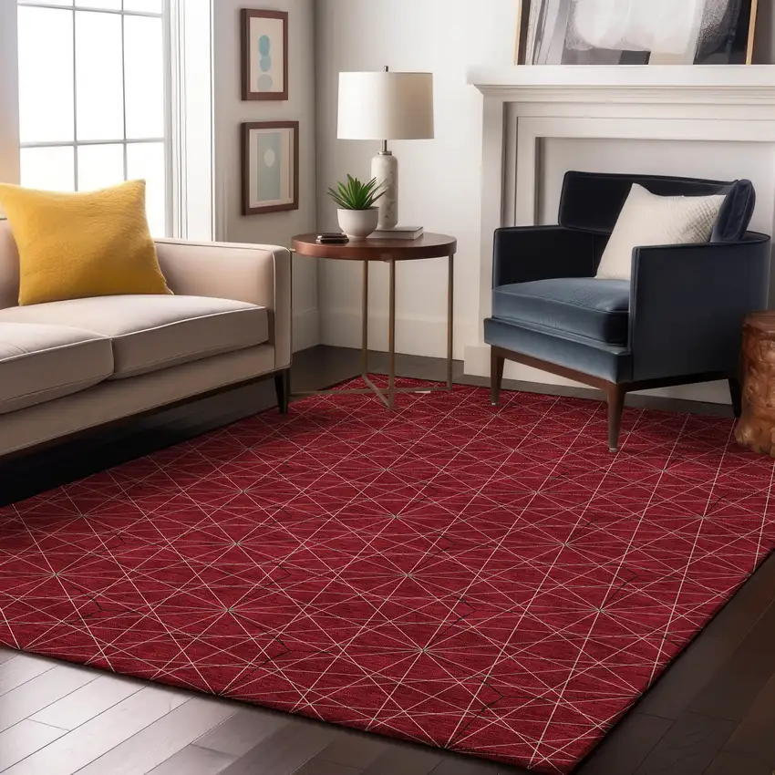 Red And Ivory Geometric Washable Area Rug With UV Protection Photo 4