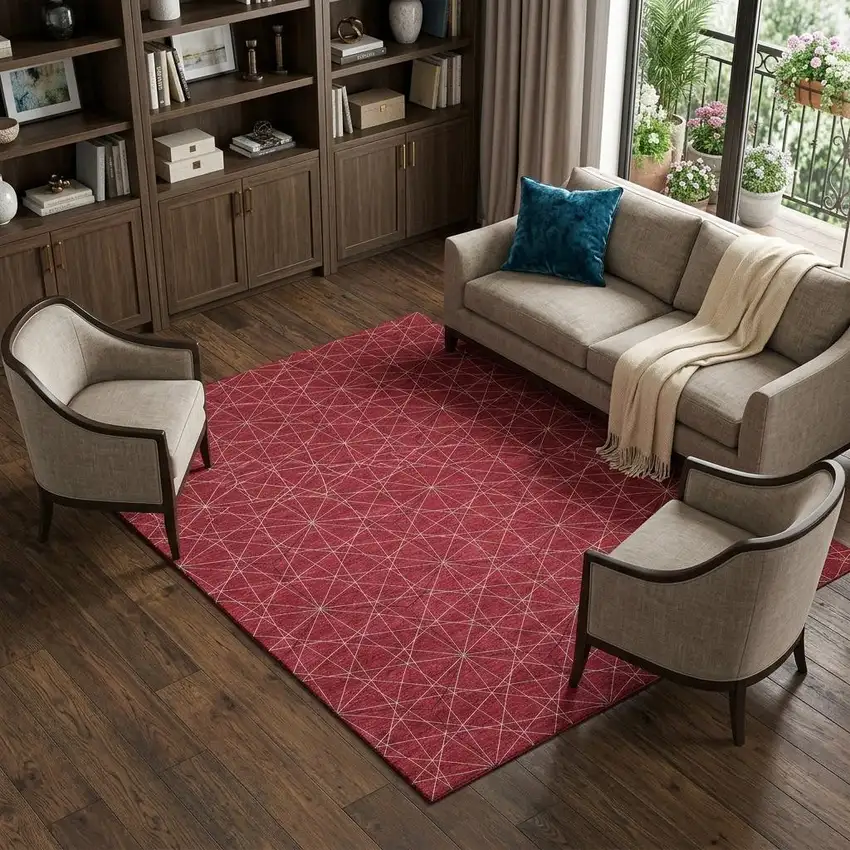 Red And Ivory Geometric Washable Area Rug With UV Protection Photo 1