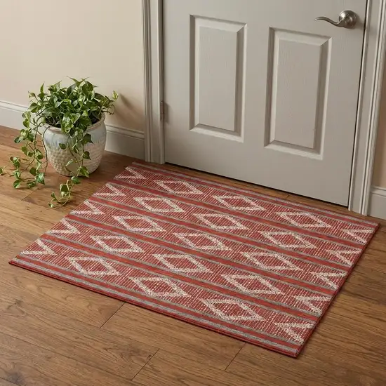 Red And Ivory Geometric Washable Area Rug With UV Protection Photo 1