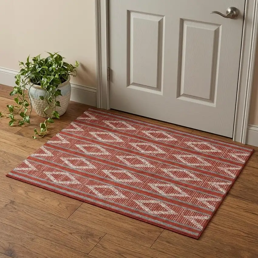 Red And Ivory Geometric Washable Area Rug With UV Protection Photo 1