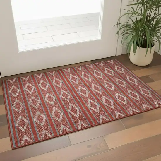 Red And Ivory Geometric Washable Area Rug With UV Protection Photo 2