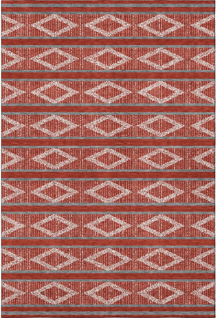 Red And Ivory Geometric Washable Area Rug With UV Protection Photo 2