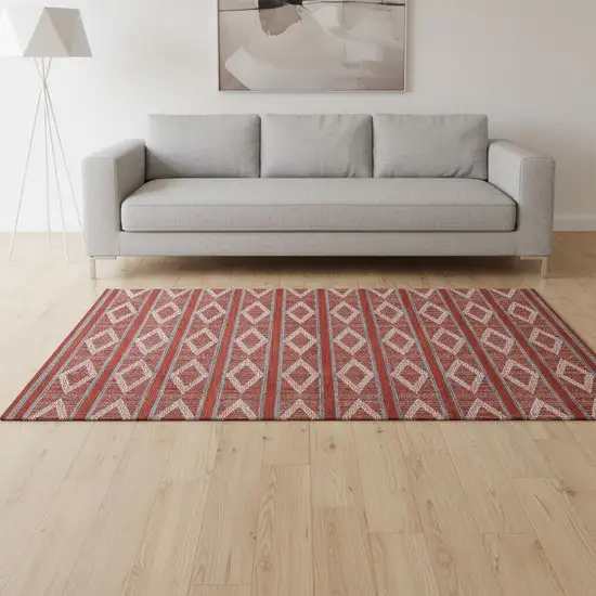 Red And Ivory Geometric Washable Area Rug With UV Protection Photo 2